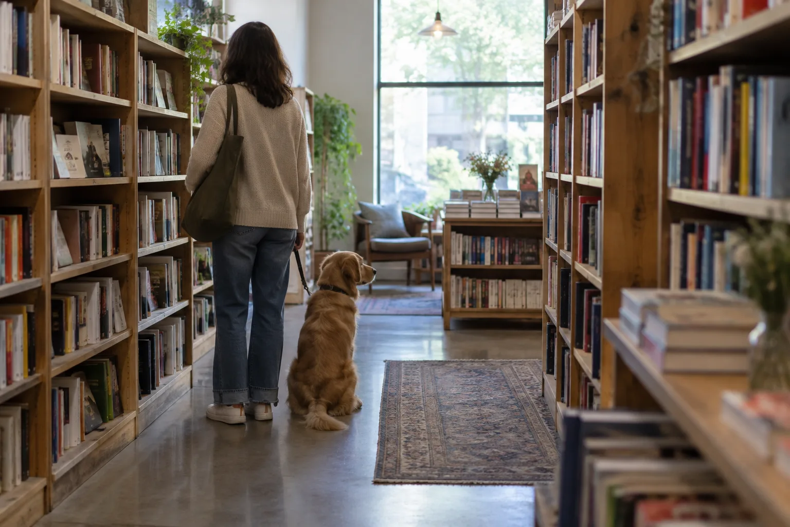 Un chien tenu en laisse accompagne son propriétaire dans une librairie calme.