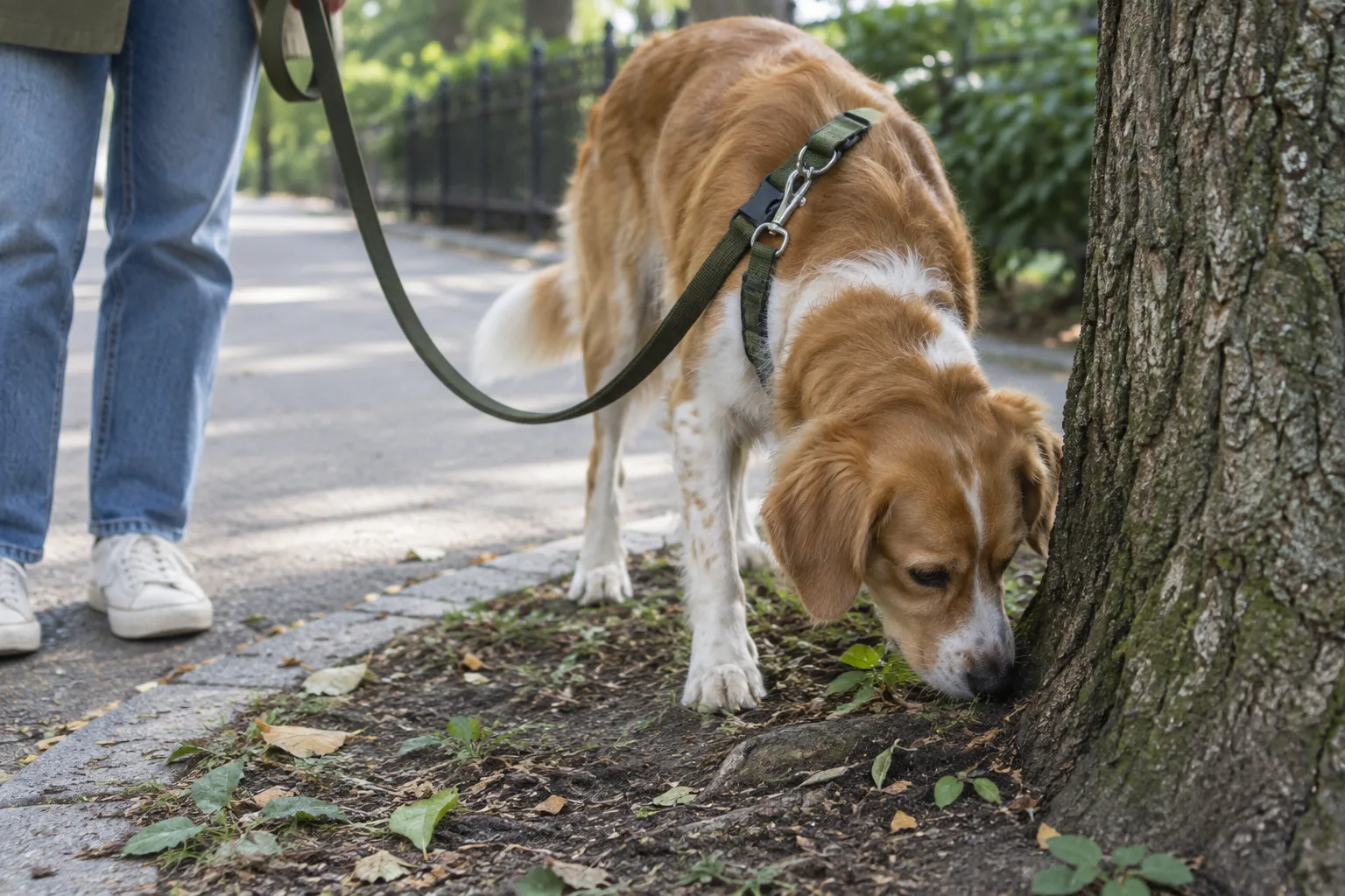 Un chien renifle le pied d’un arbre pendant que sa personne attend à proximité, laisse détendue.