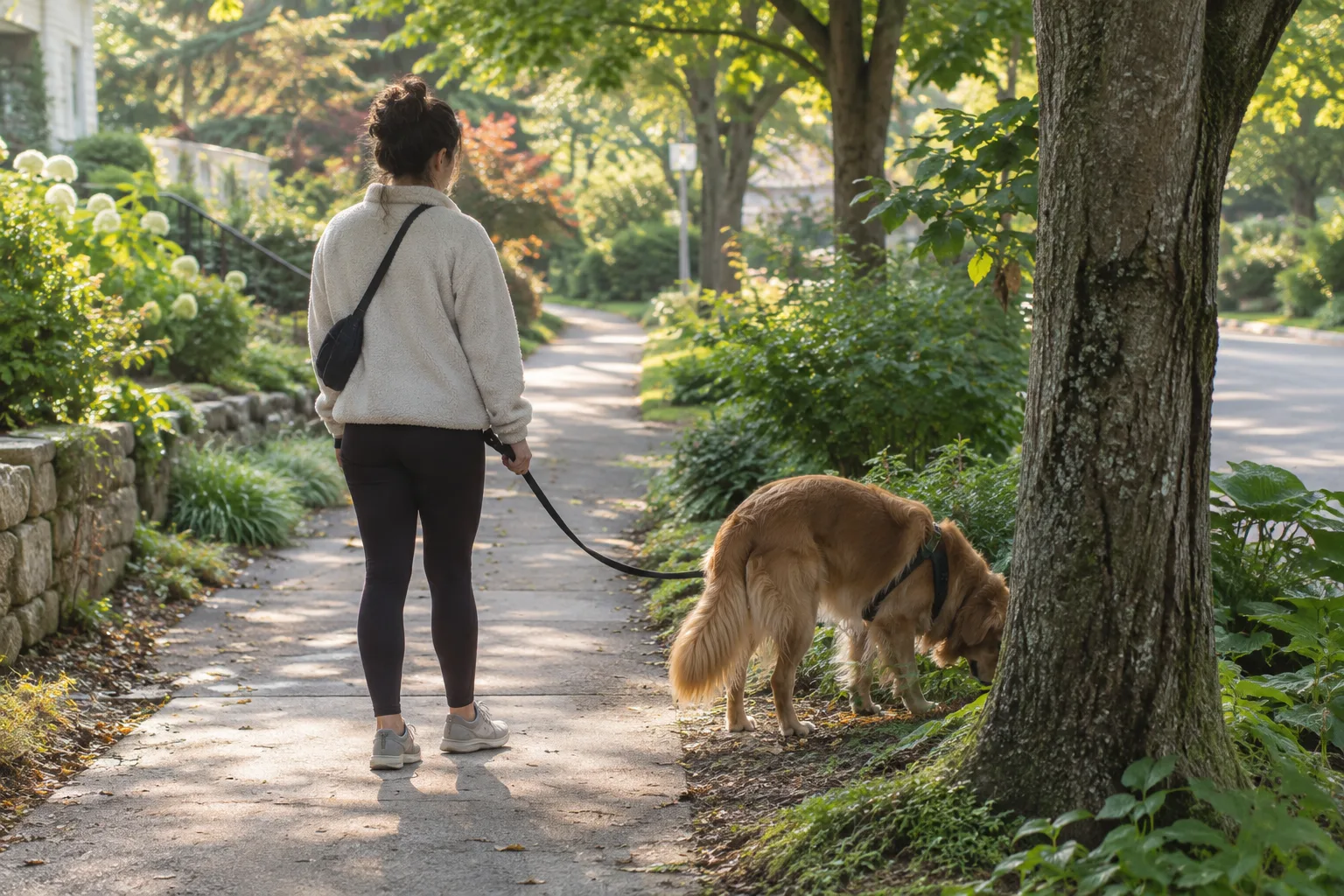 Un chien en laisse renifle au pied d’un arbre pendant une promenade dans un quartier calme.