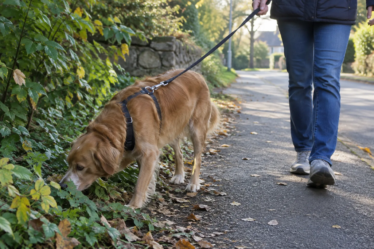 Un chien en laisse renifle le bord végétalisé d’un chemin de quartier.
