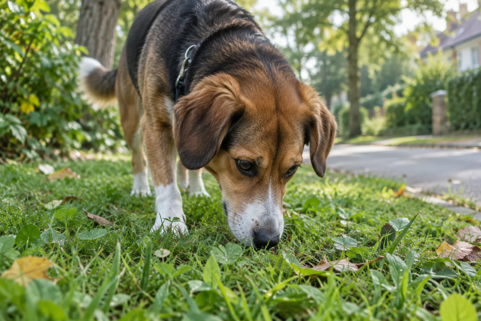 Un chien renifle le bord végétalisé d’un trottoir pendant une promenade.
