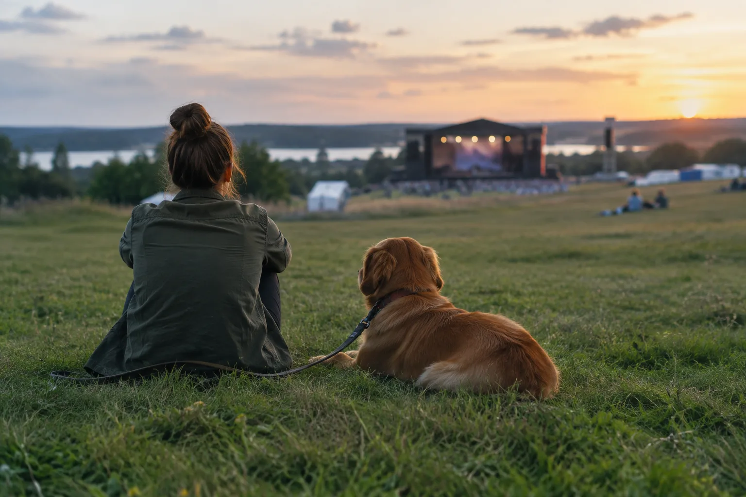 Un chien en laisse se repose avec son propriétaire dans un coin calme, loin des enceintes et du passage.