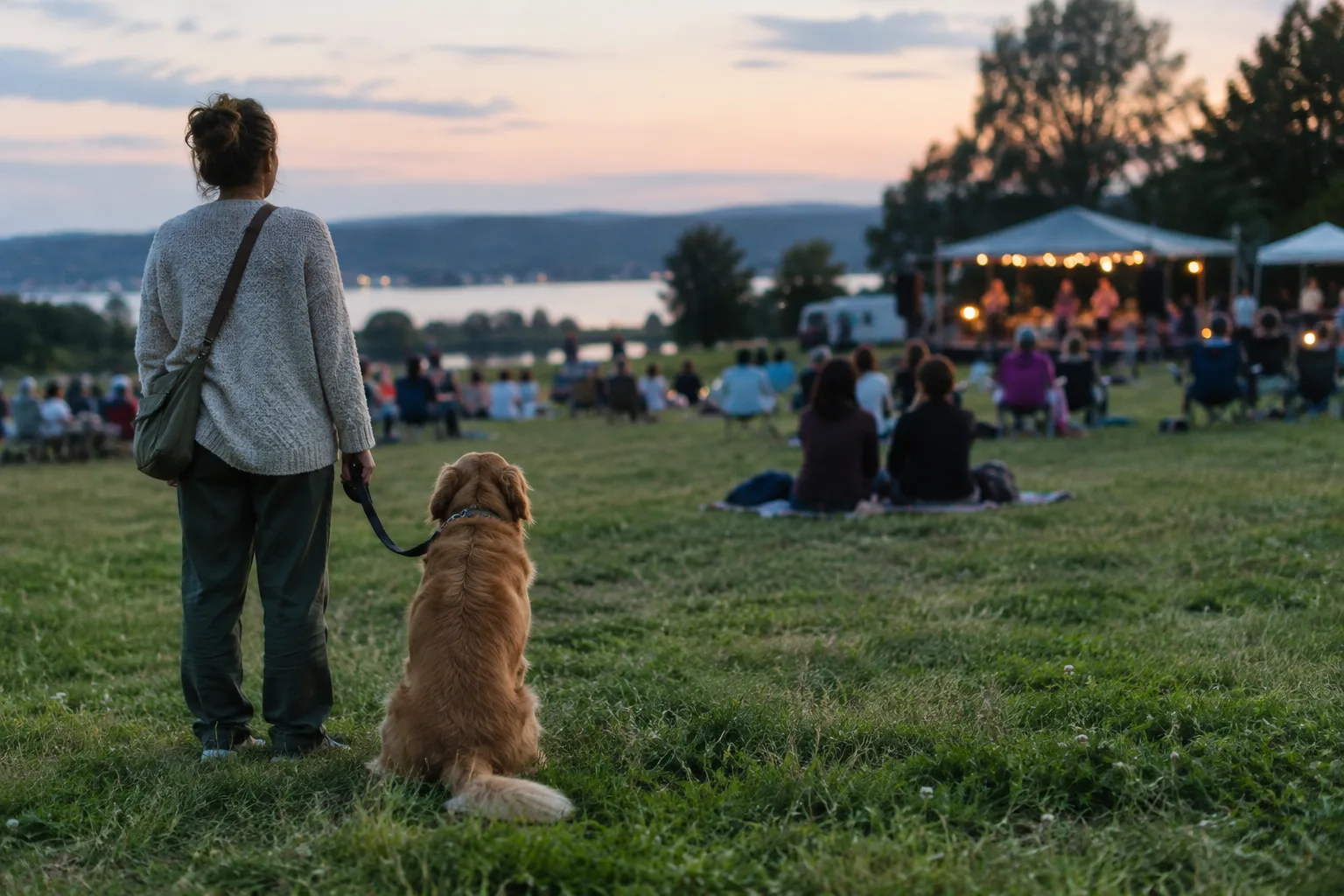 Un chien en laisse accompagne son propriétaire à l’écart de la foule lors d’un événement en plein air.