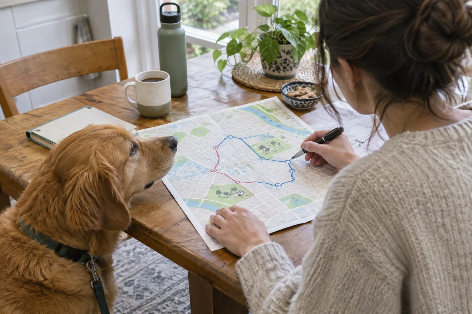 Une personne prépare un itinéraire de promenade sur une carte, avec son chien à ses côtés.