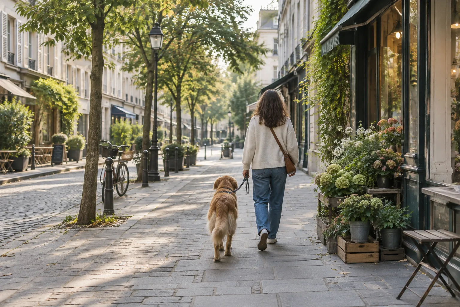 Un chien en laisse découvre une rue calme bordée de petits commerces avec son propriétaire.