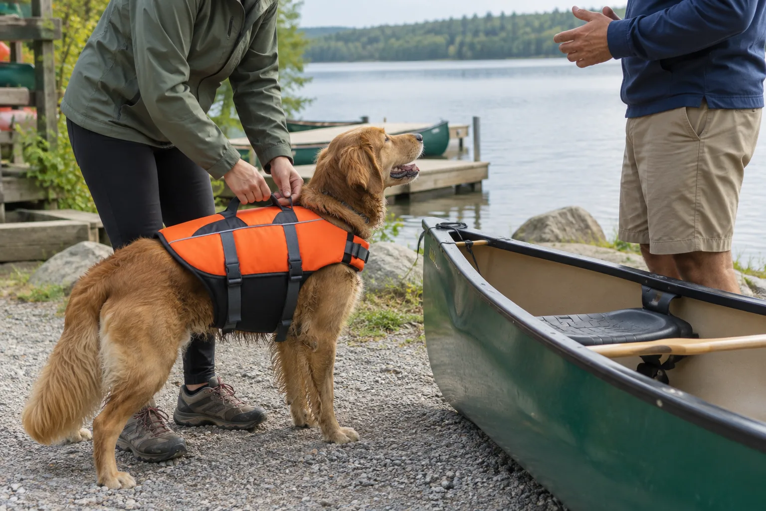 Un propriétaire vérifie un gilet de flottaison pour chien près d’un canoë avant la sortie.