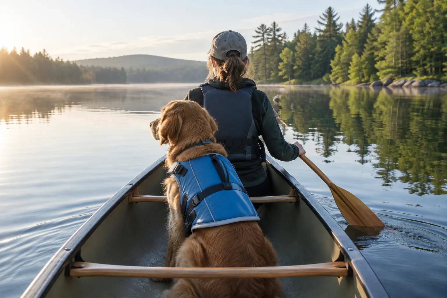 Un chien équipé d’un gilet de flottaison est assis dans un canoë sur une eau calme.