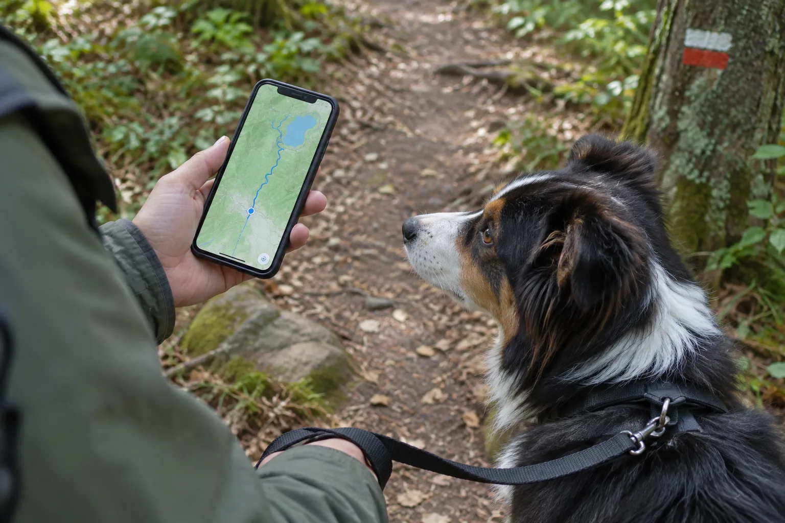 Une personne consulte une carte sur son téléphone avec son chien en laisse à ses côtés.