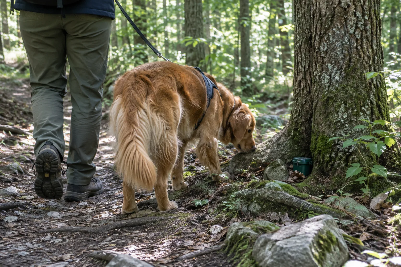 Un chien en laisse explore un sentier boisé près d’une petite cache de géocaching.