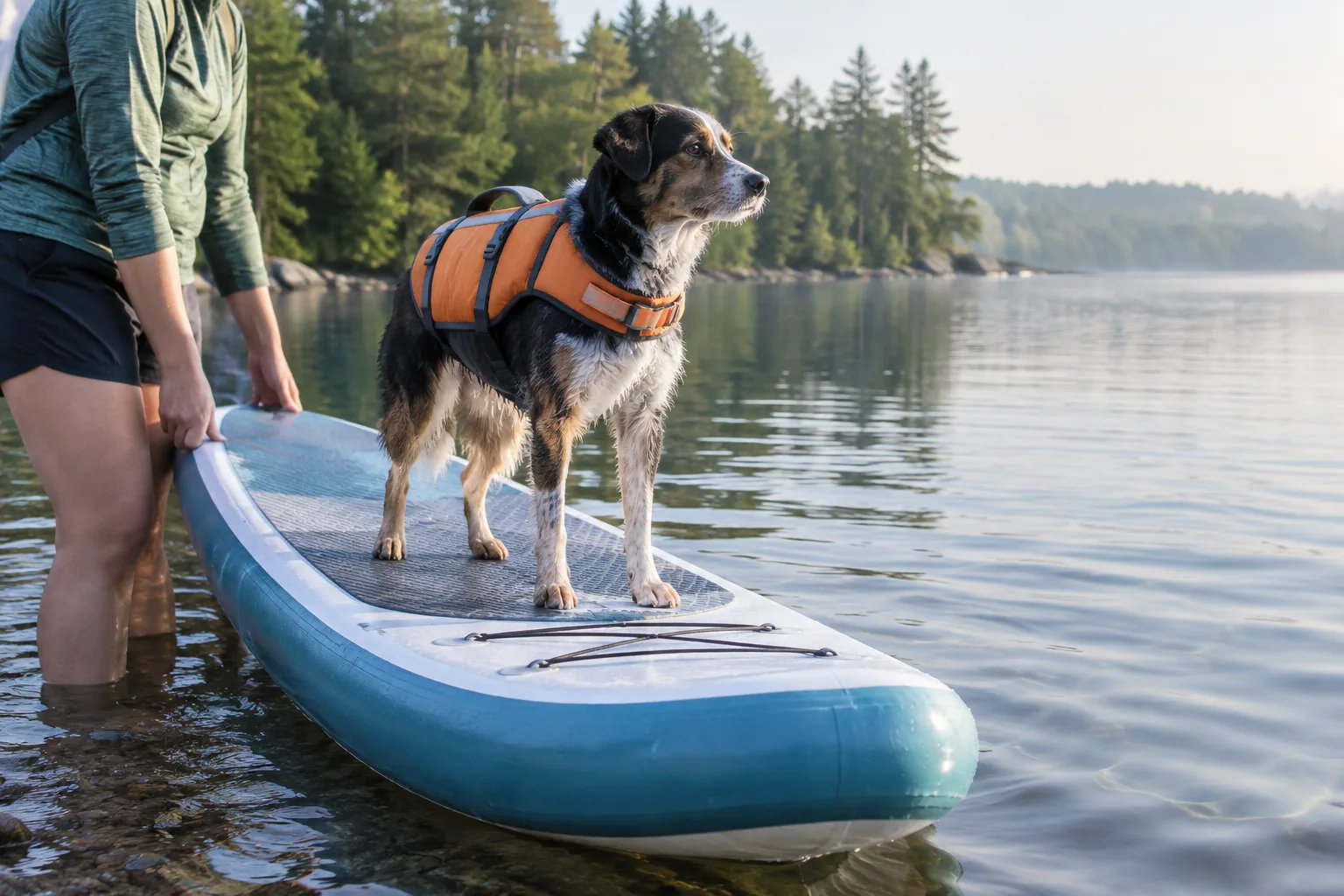 Un chien en gilet de flottaison se tient sur une planche de paddle près de la rive.