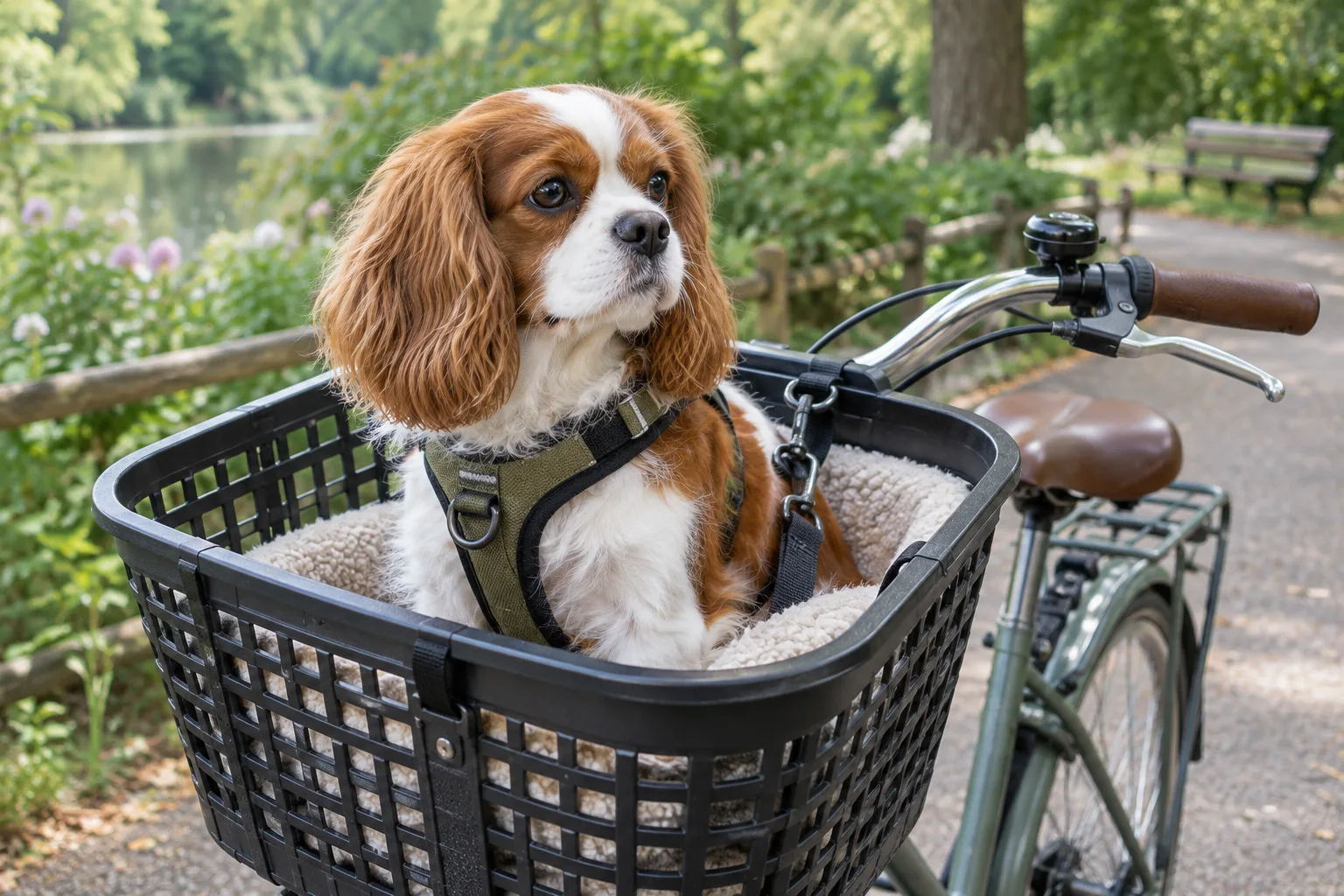 Un petit chien installé dans un panier fixé à l’avant d’un vélo à l’arrêt.
