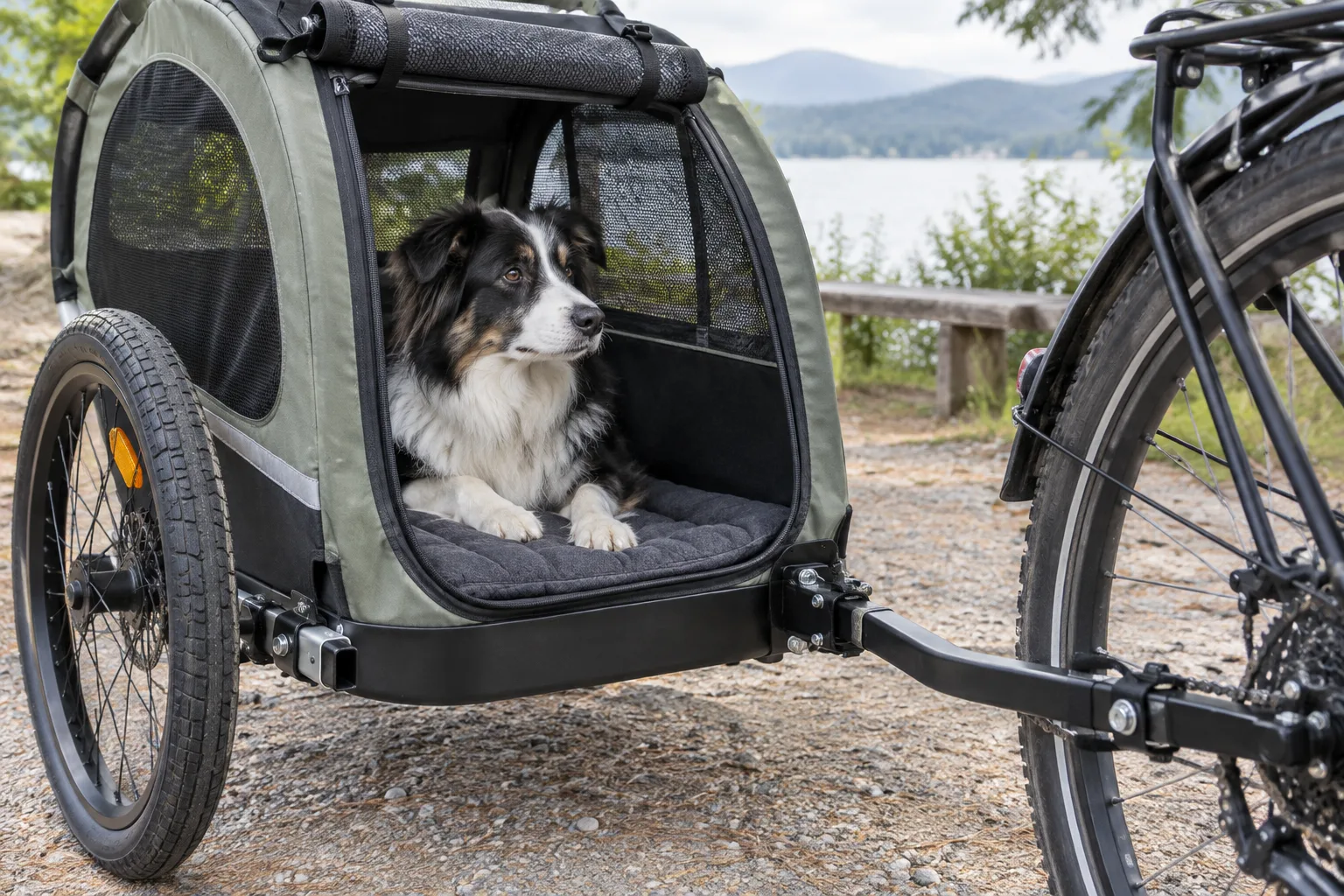 Un chien se repose dans une remorque aérée pendant que le vélo est immobilisé.