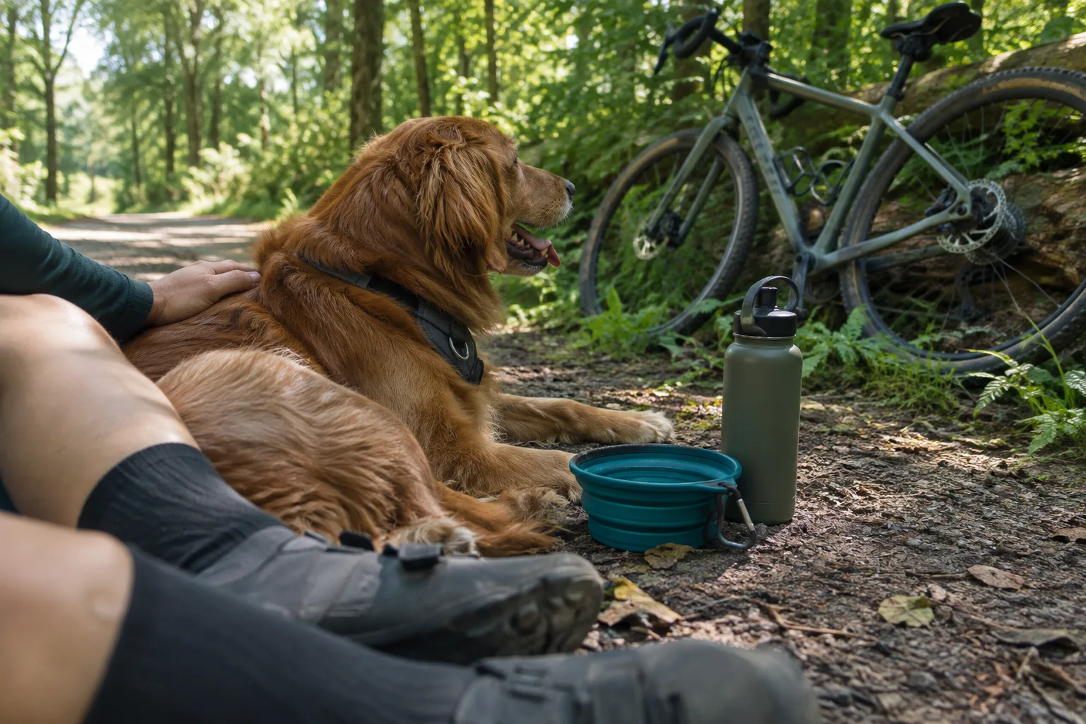 Un chien boit dans une gamelle pendant une pause à l’ombre près d’un vélo.