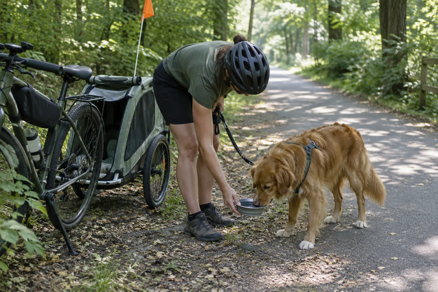À l’ombre, un chien fait une pause près de la remorque et boit de l’eau.
