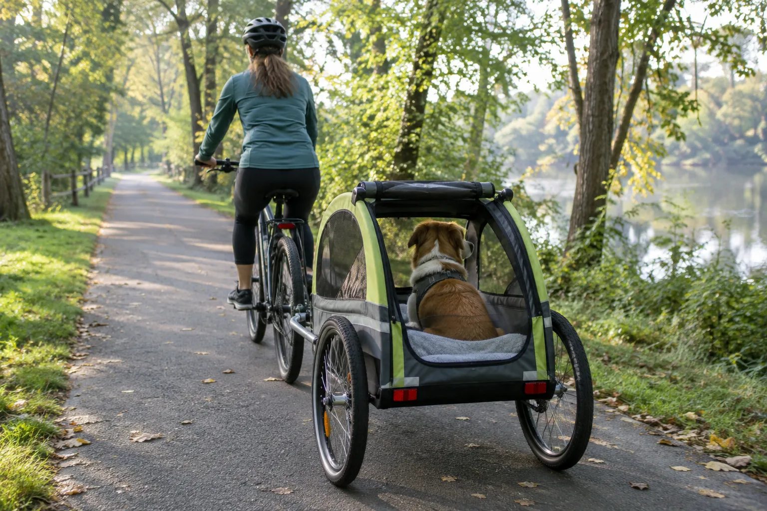 Un chien installé dans une remorque suit son propriétaire sur une piste cyclable ombragée.