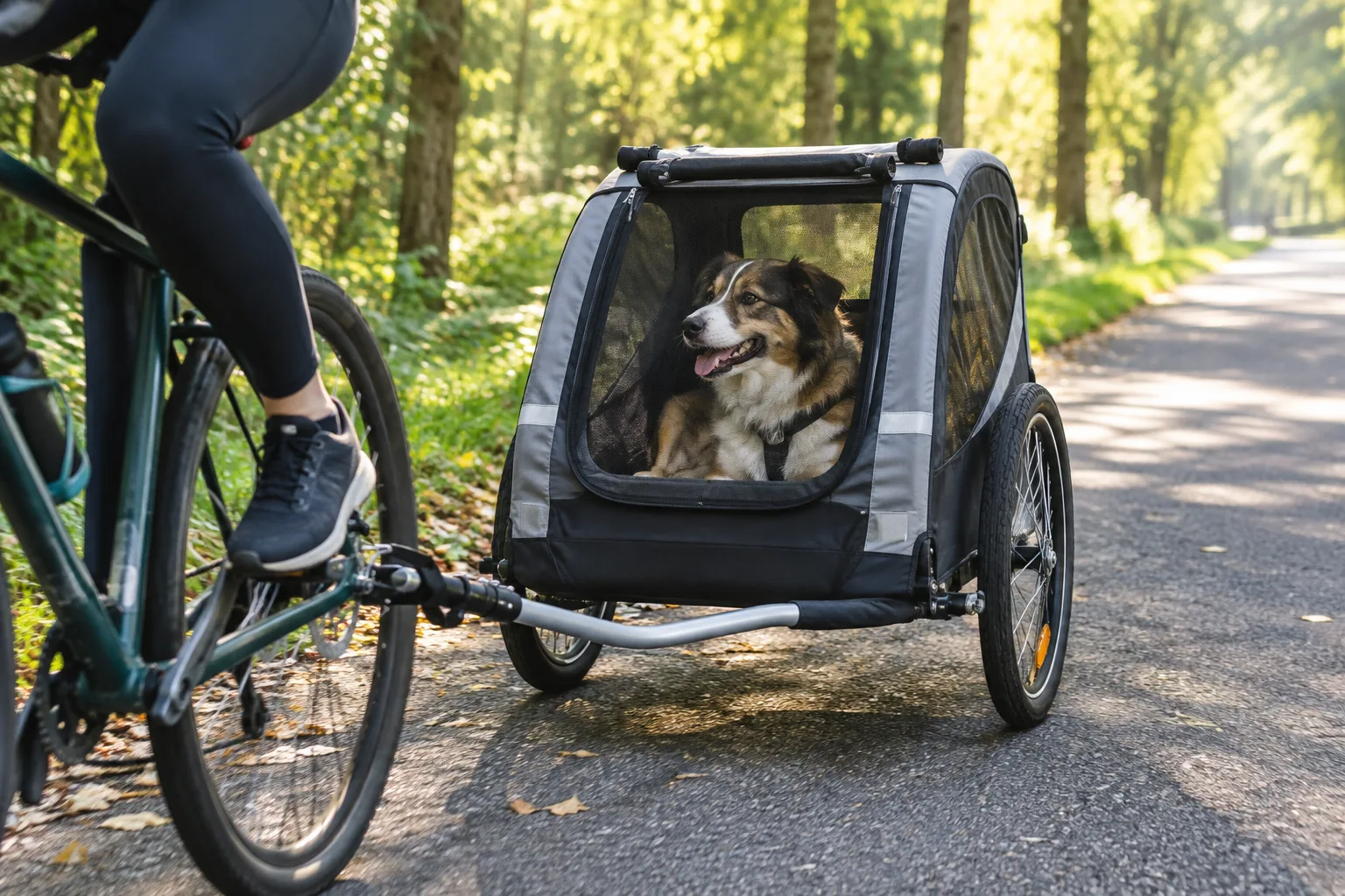 Un chien installé dans une remorque de vélo sur un chemin arboré.