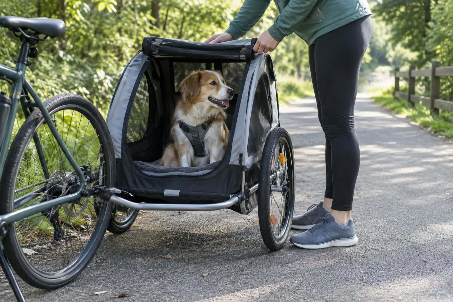 Un chien installé dans une remorque attachée à un vélo, à l’arrêt sur un chemin calme.