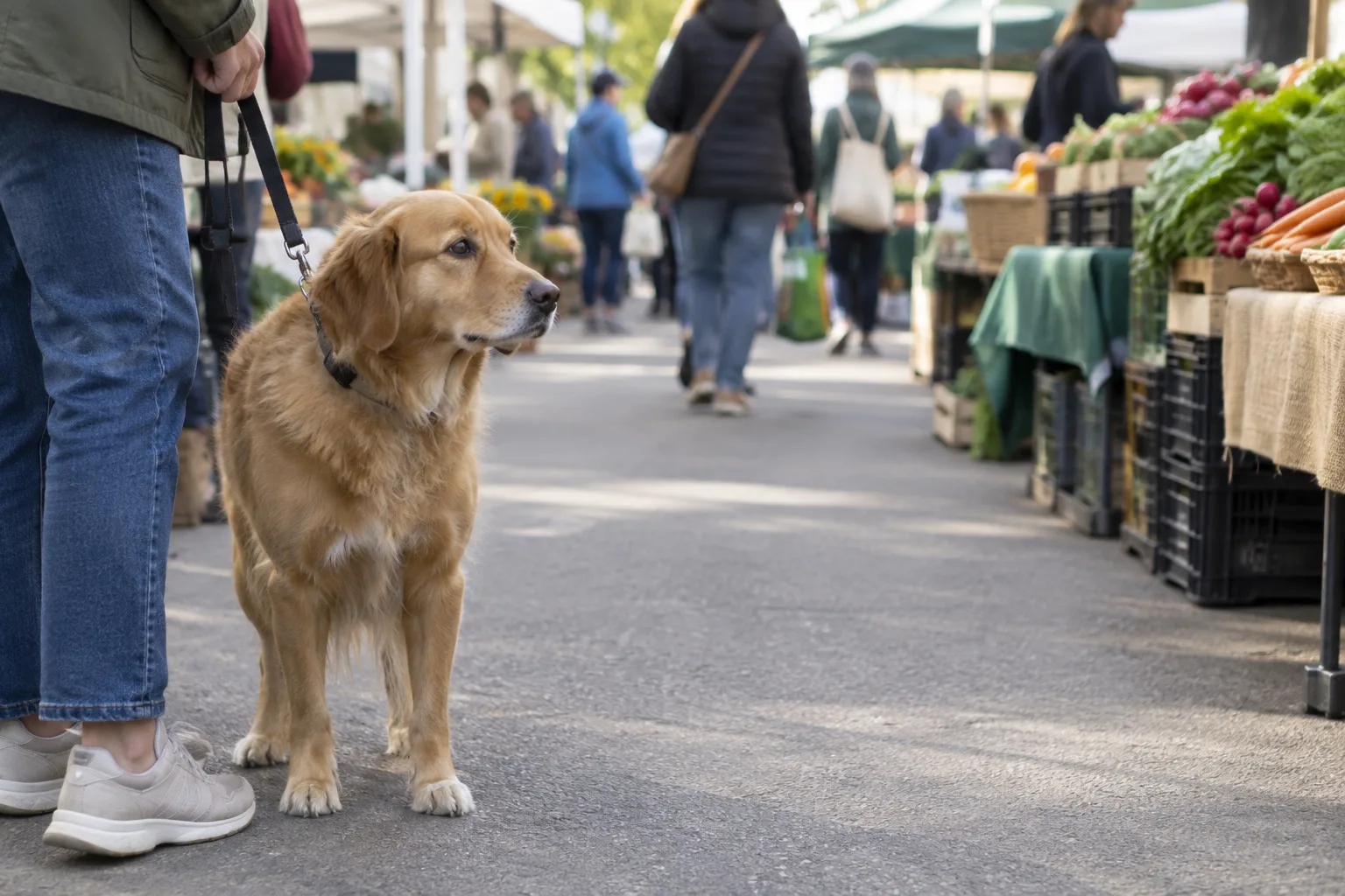 Un chien tenu près de son propriétaire fait une pause à l’écart d’une allée animée.