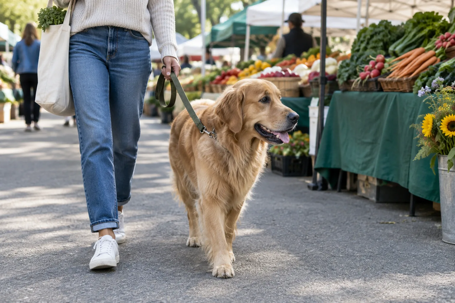 Un chien tenu en laisse accompagne son propriétaire dans une allée de marché en plein air.
