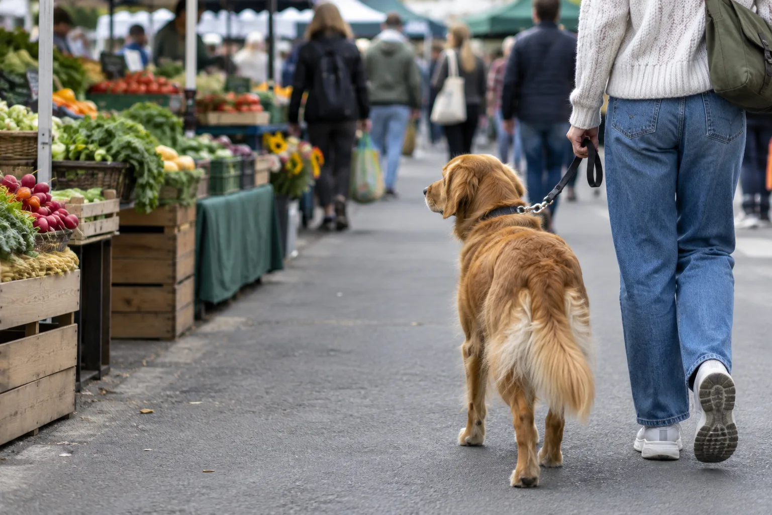 Un chien en laisse reste sur le bord d’une allée de marché, à l’écart du passage principal.