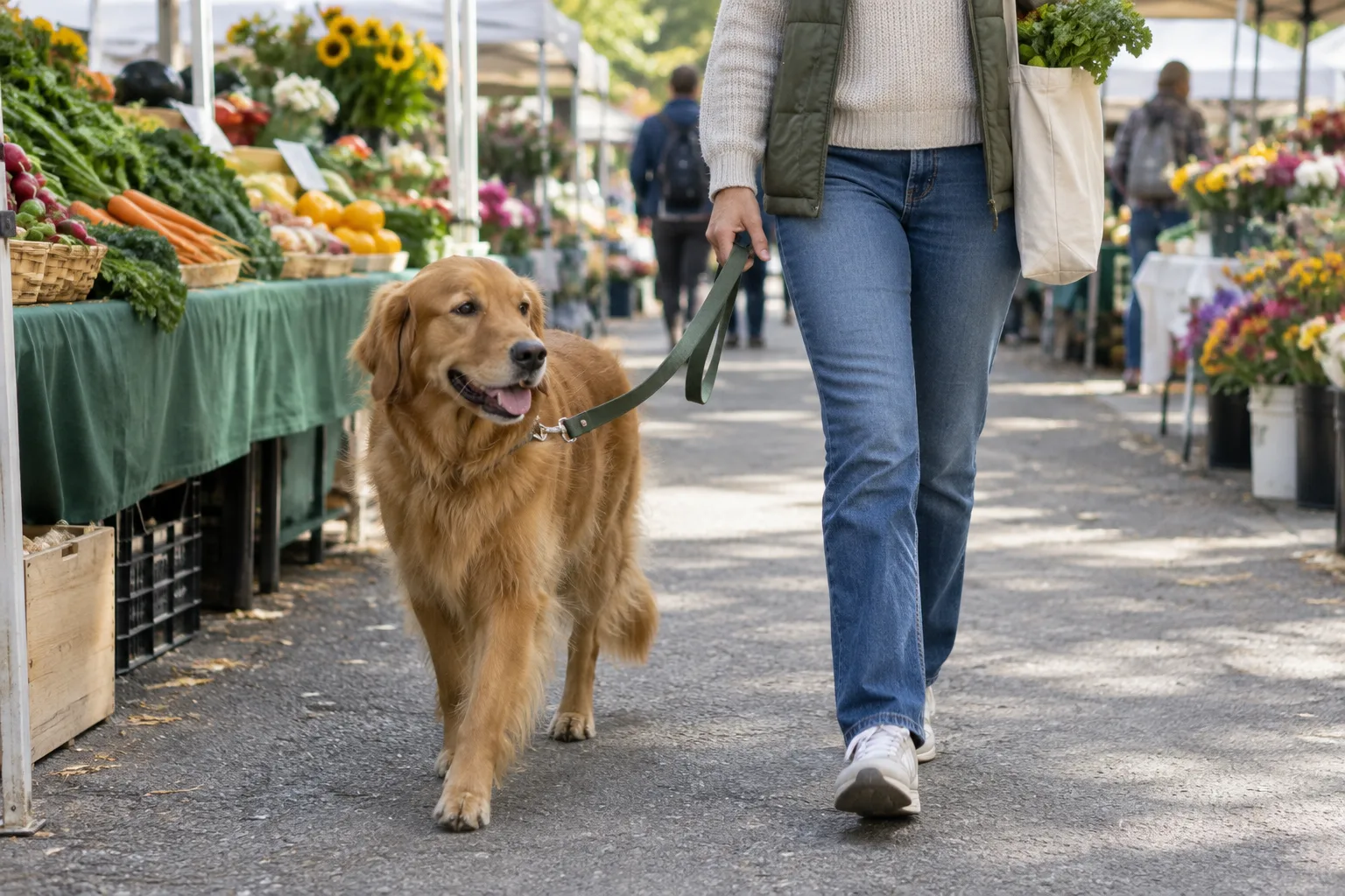 Un chien tenu en laisse accompagne son propriétaire dans une allée de marché en plein air.
