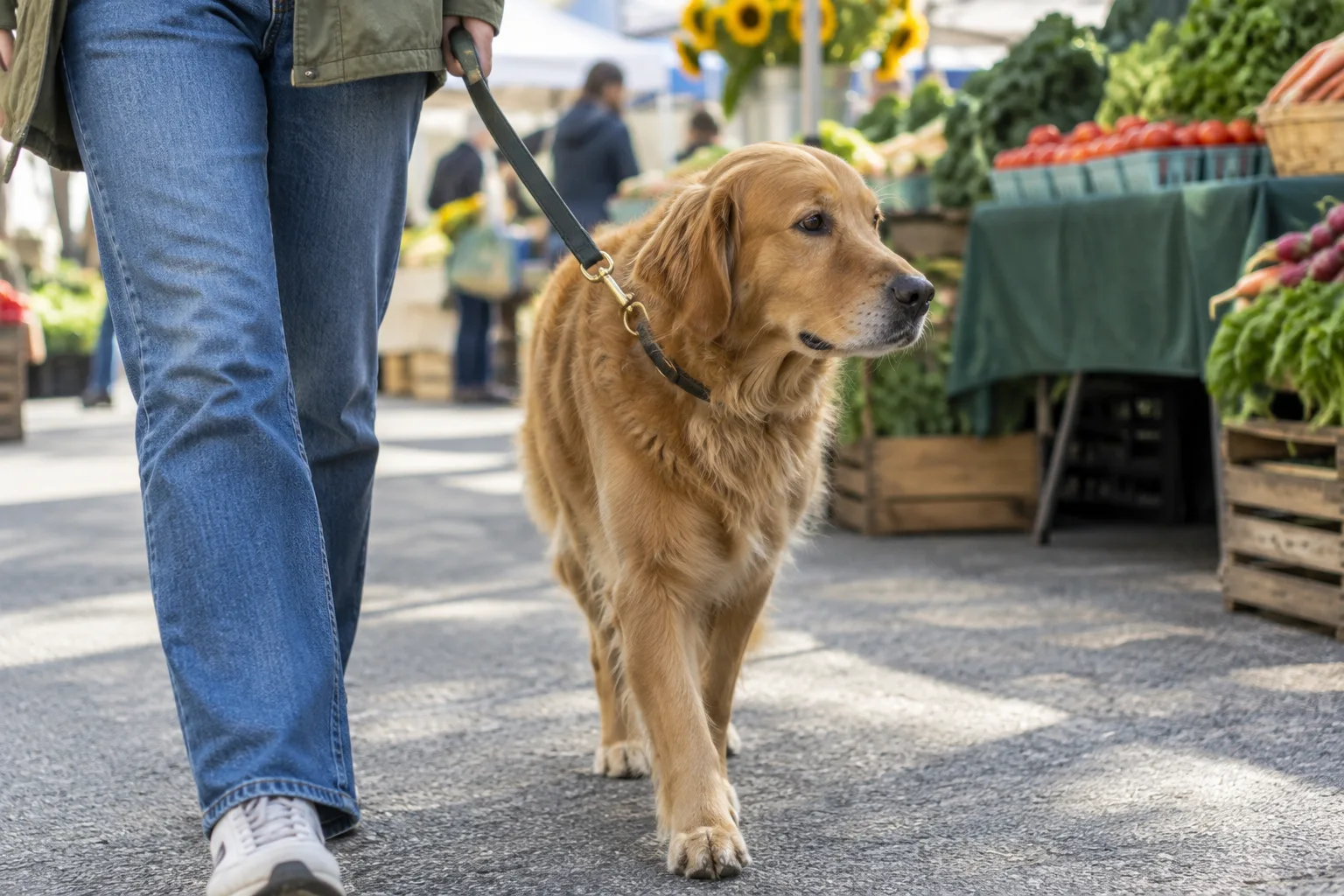 Un chien en laisse accompagne son propriétaire dans une allée de marché en plein air.