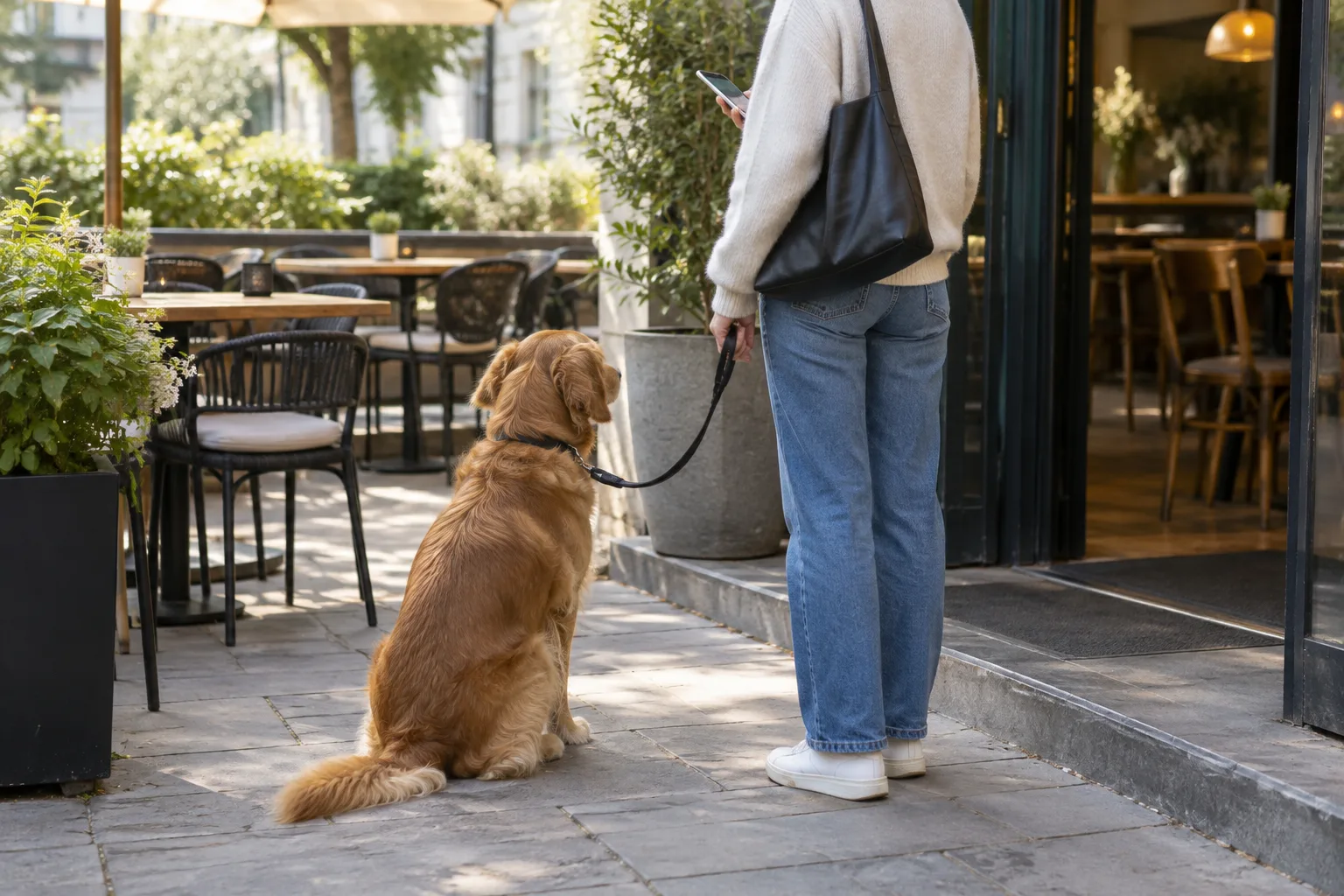 Un chien attend calmement près de son propriétaire devant une terrasse de café.