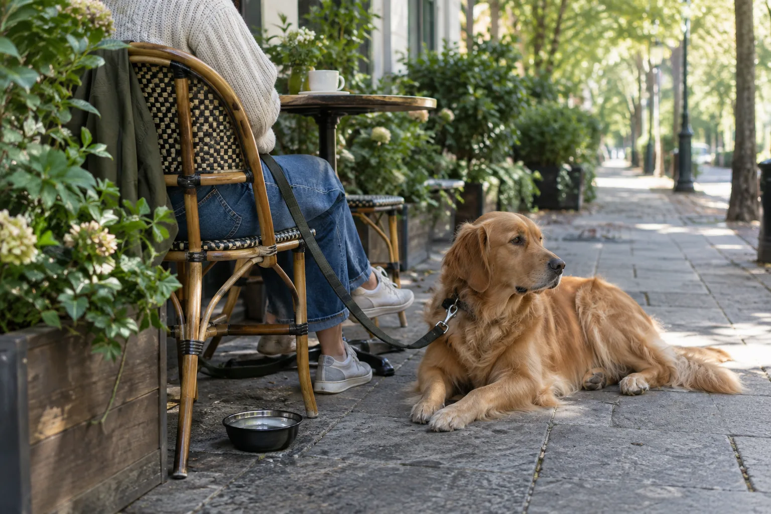 Un chien en laisse se repose près d’une table de café en terrasse, avec une gamelle d’eau à proximité.