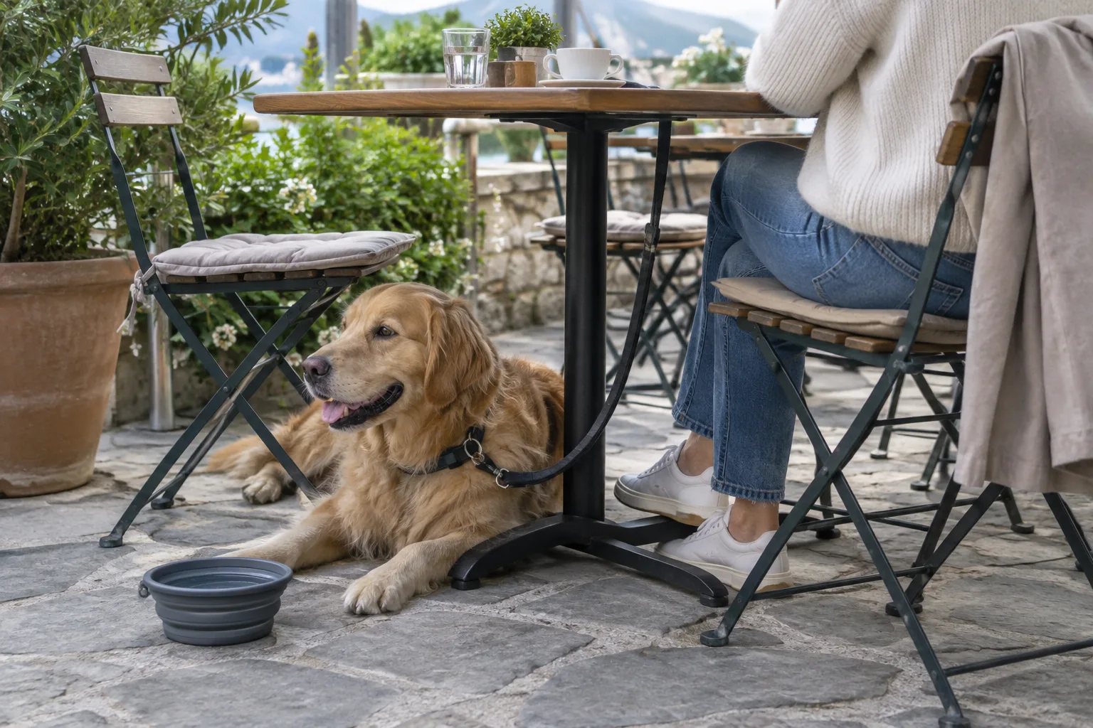 Un chien en laisse se repose sous une table de café, près d’une gamelle d’eau.