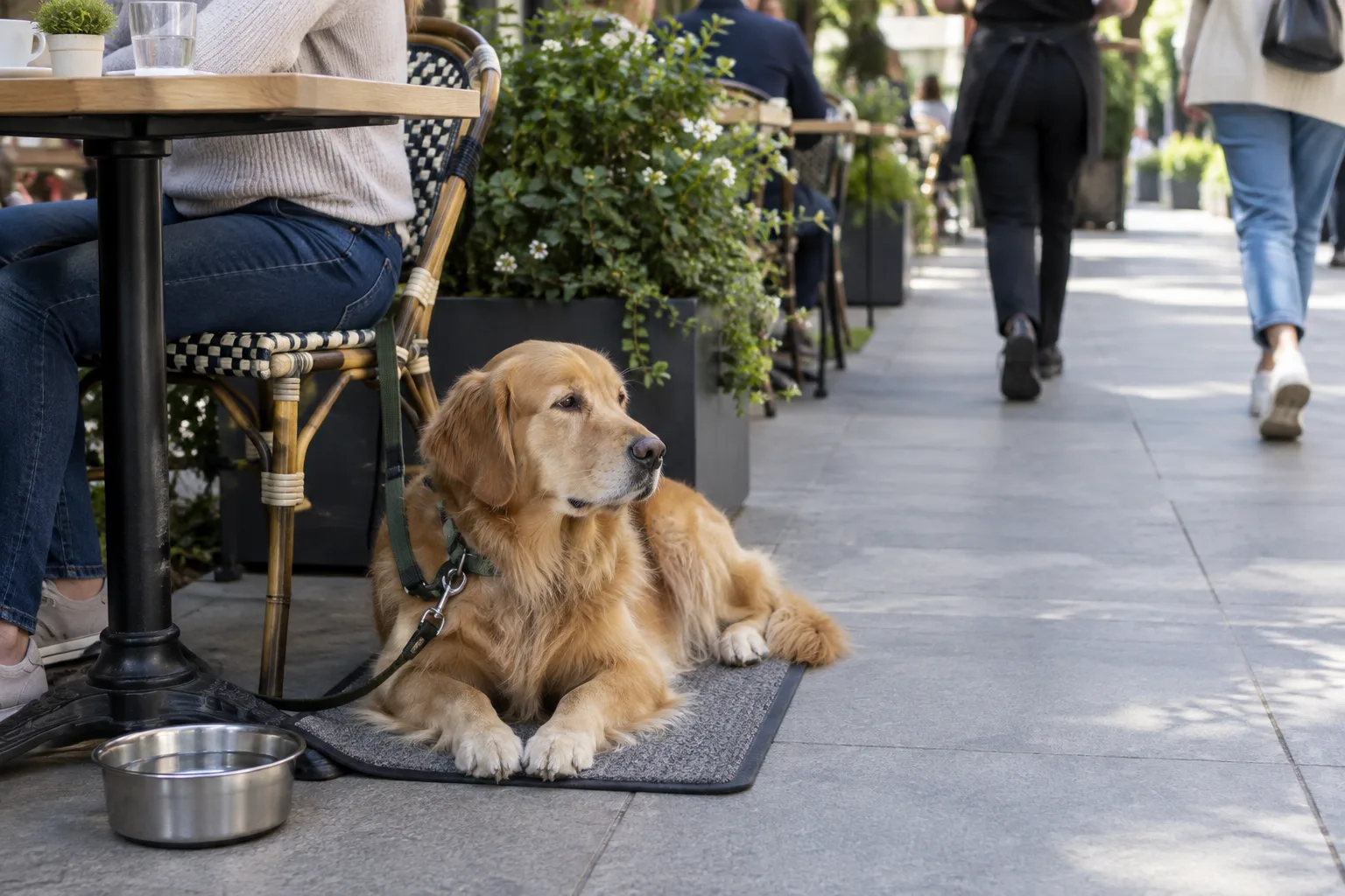 Un chien attend calmement sur son tapis près d’une table, à l’écart du passage.
