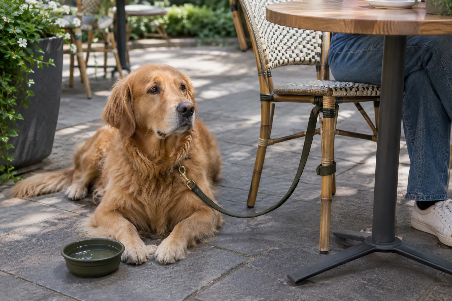 Un chien couché près d’une table de café, avec une gamelle d’eau et de l’espace autour de lui.