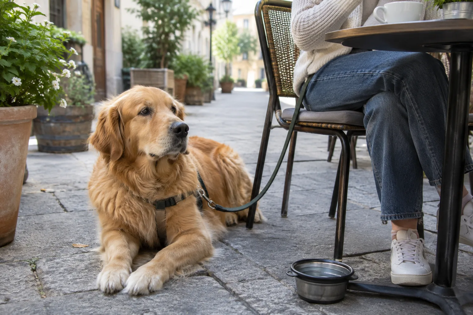 Un chien tenu en laisse se repose près d’une table de café, avec une gamelle d’eau à proximité.