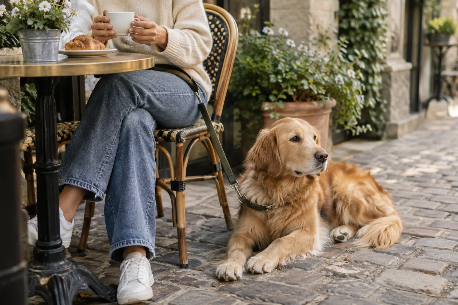 Un chien repose calmement près d’une table de café en terrasse, tenu en laisse.