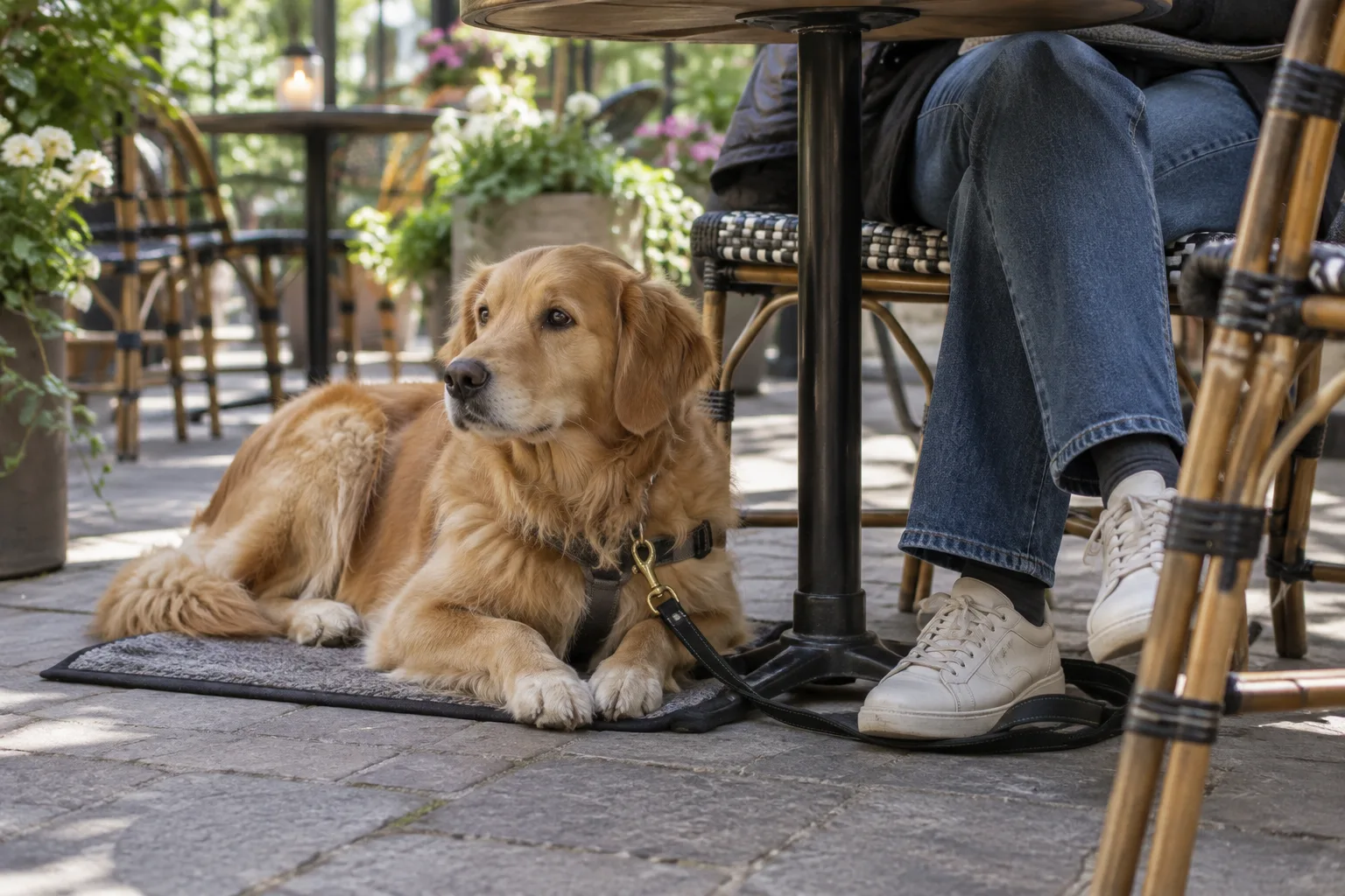 Un chien installé sur son tapis sous une table de terrasse, près des pieds de son propriétaire.