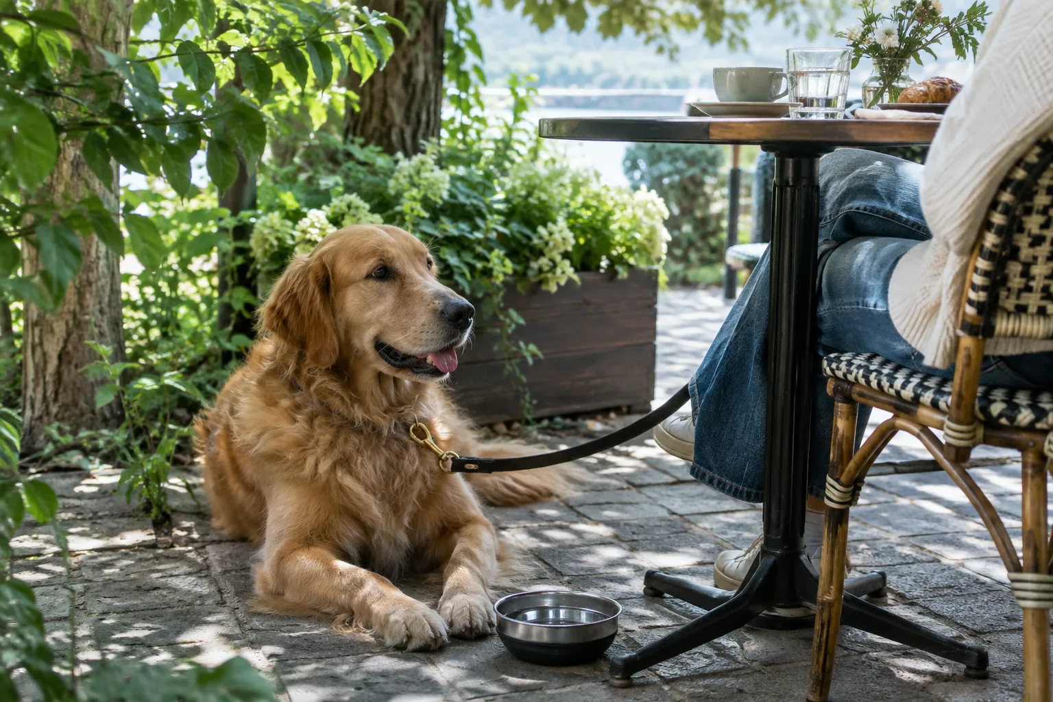 Un chien tenu en laisse se repose à l’ombre près d’une table de terrasse, avec une gamelle d’eau.