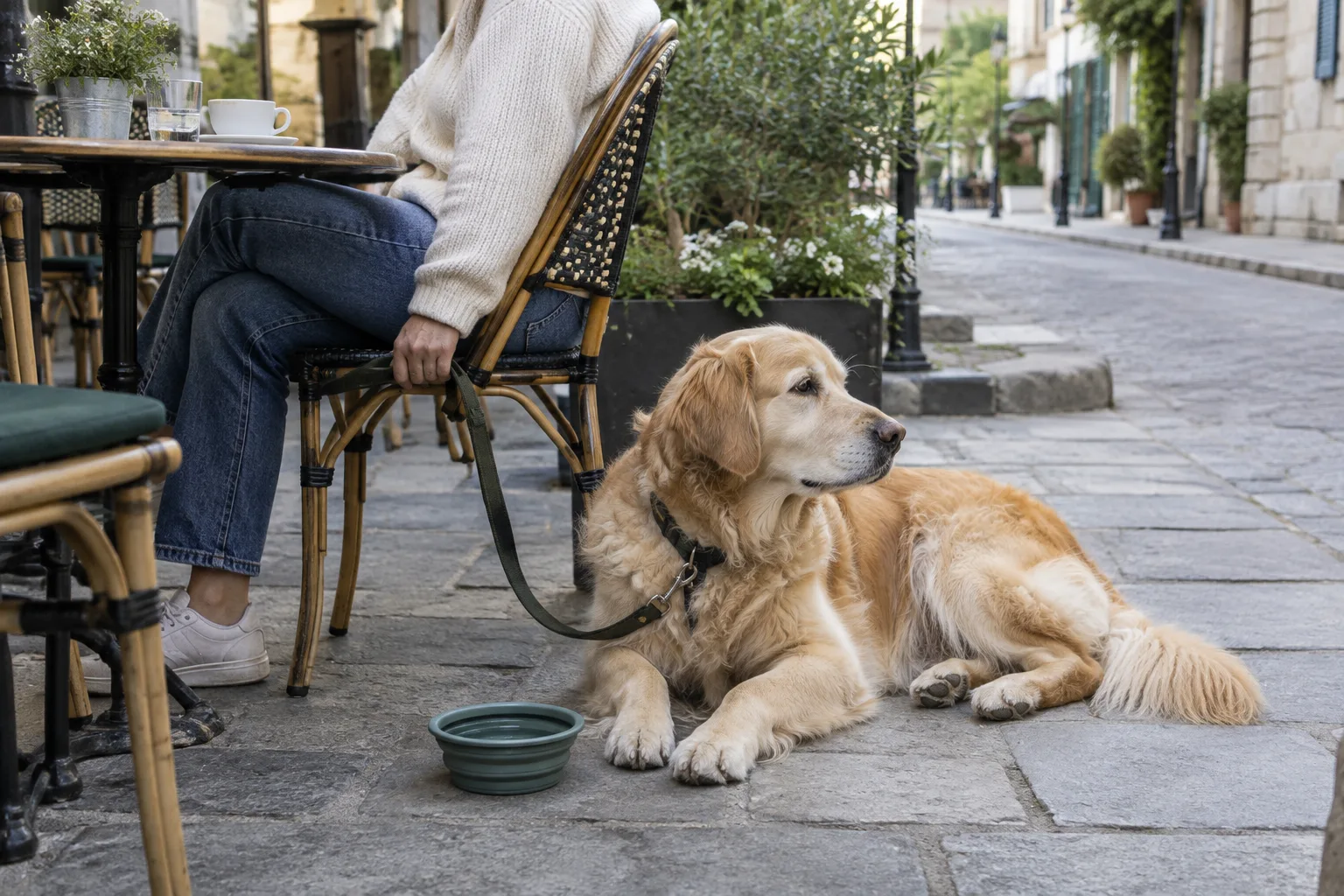 Un chien se repose près d’une chaise sur une terrasse de café.