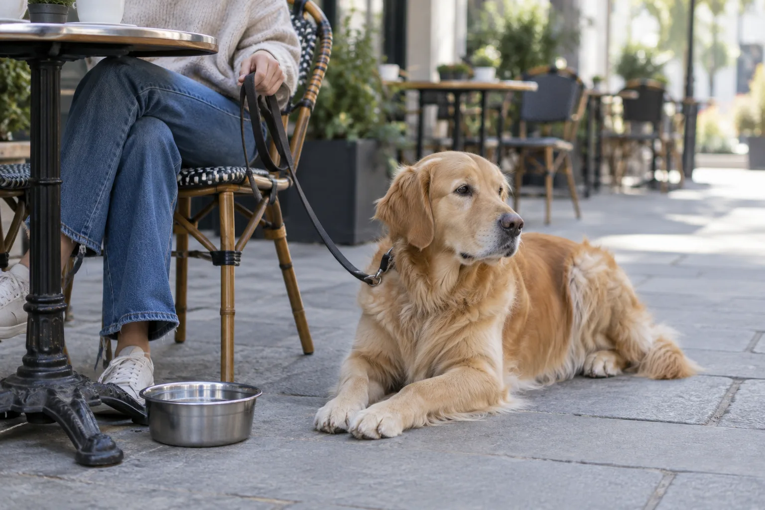 Un chien tenu en laisse se repose près d’une table de terrasse, avec une gamelle d’eau à proximité.