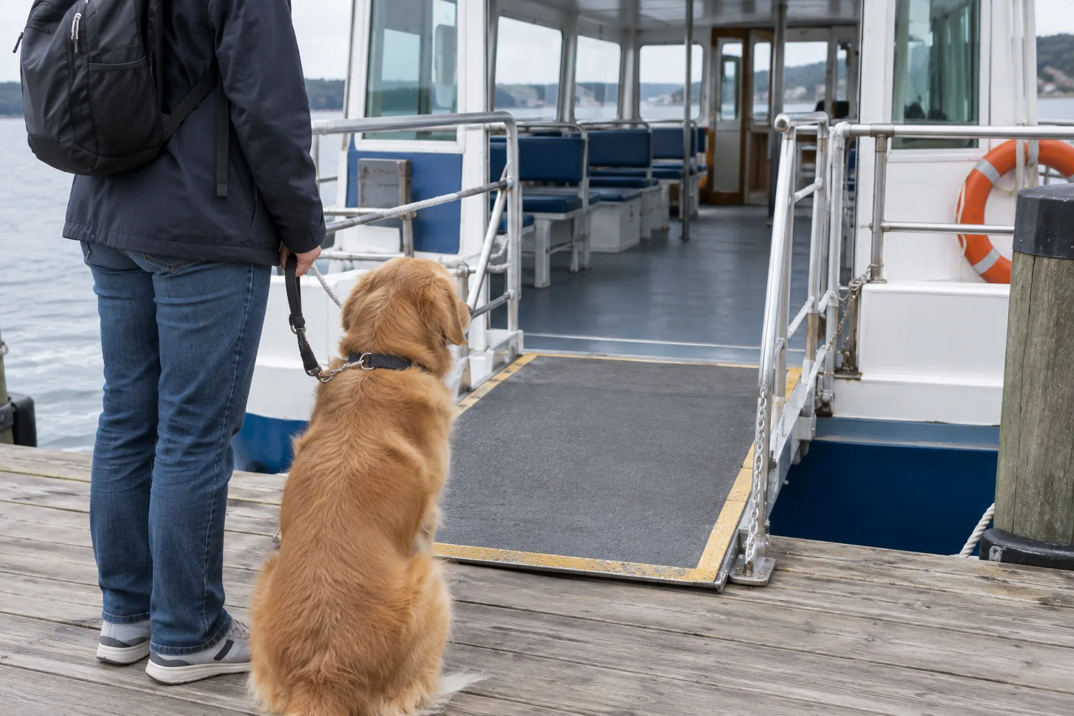 Un chien en laisse attend au pied de la passerelle d’un bateau à passagers.