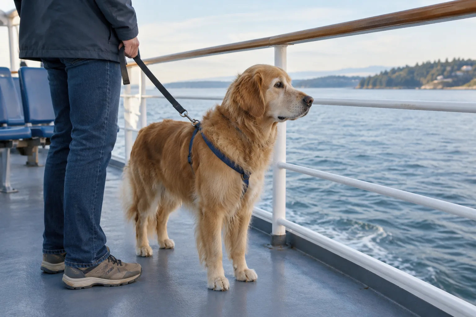 Un chien en laisse près de son propriétaire sur le pont d’un bateau, face à la rive.