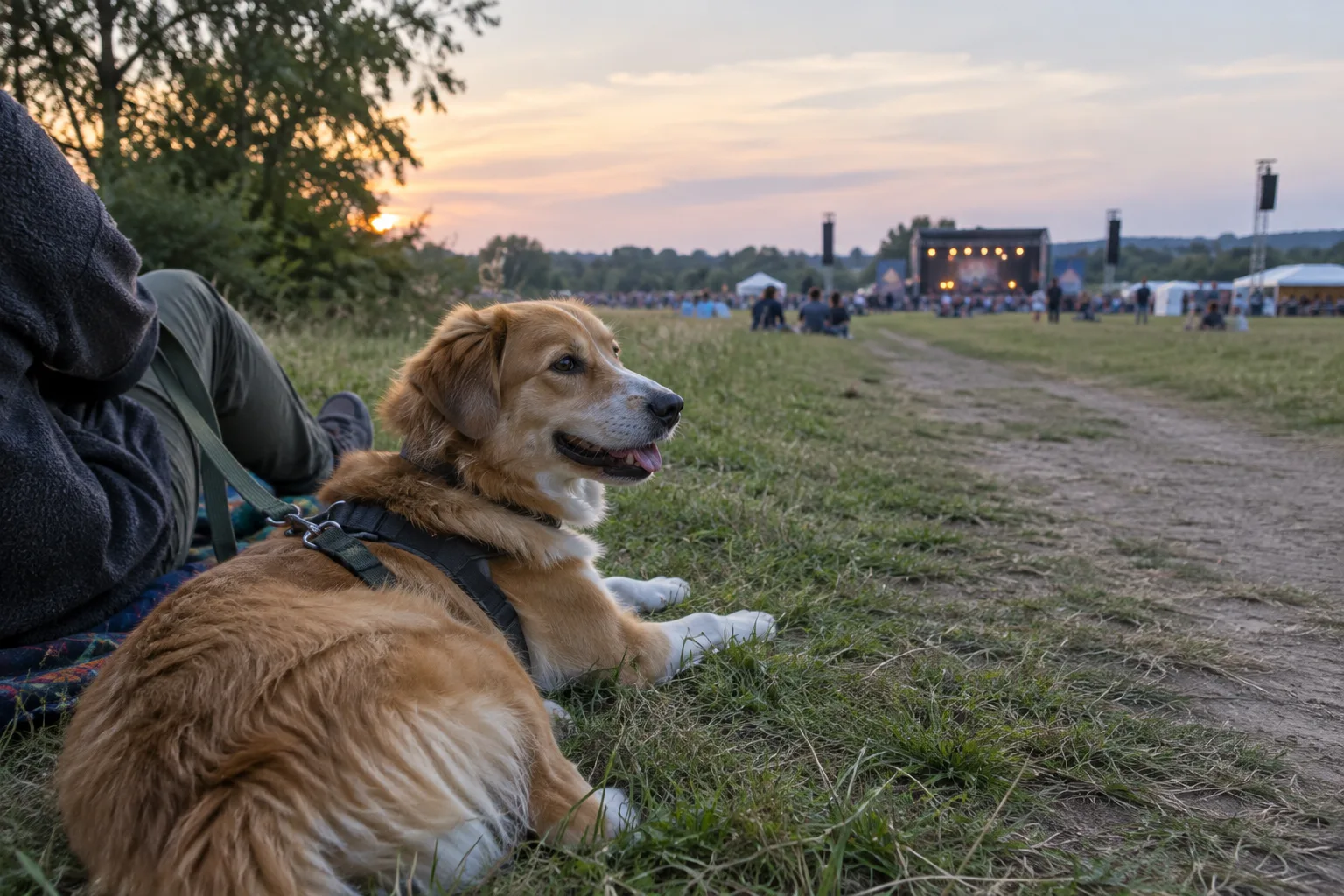 Un chien en laisse fait une pause avec son propriétaire à l’écart de la scène d’un festival.