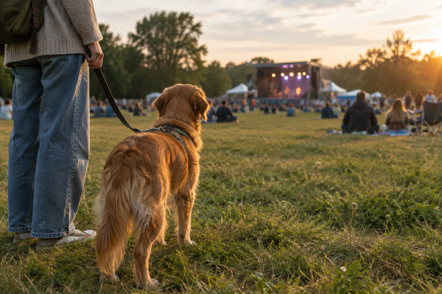 Un chien en laisse observe un festival depuis une zone calme à l’écart de la scène.