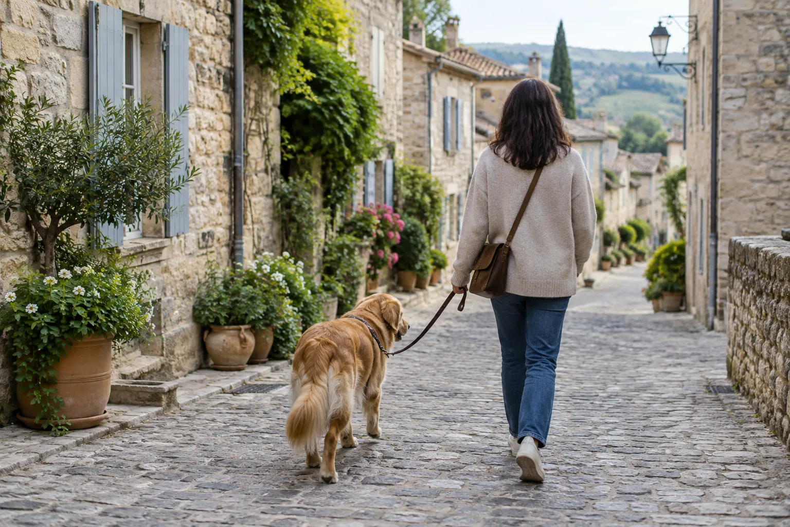 Un chien tenu en laisse découvre une ruelle pavée dans un village.
