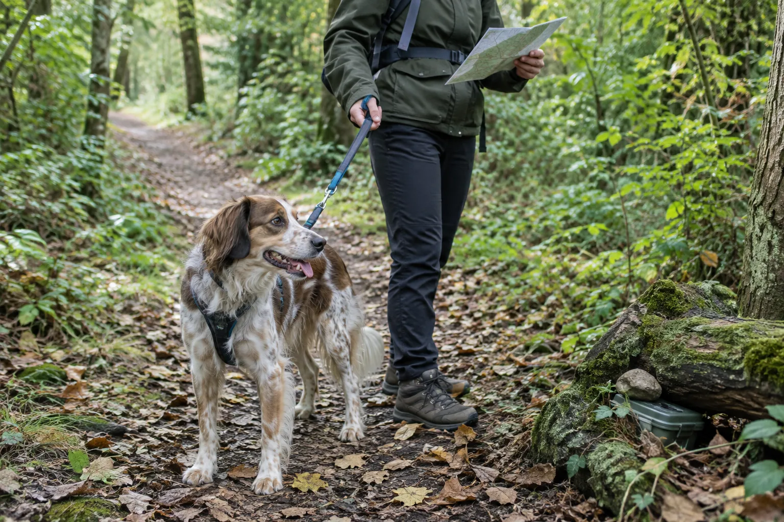 Un chien en laisse accompagne son propriétaire sur un sentier boisé pendant une sortie de géocaching.