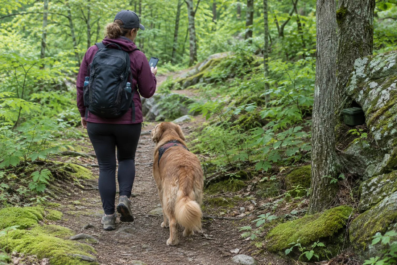 Un chien en laisse marche sur un sentier boisé pendant une sortie de géocaching.