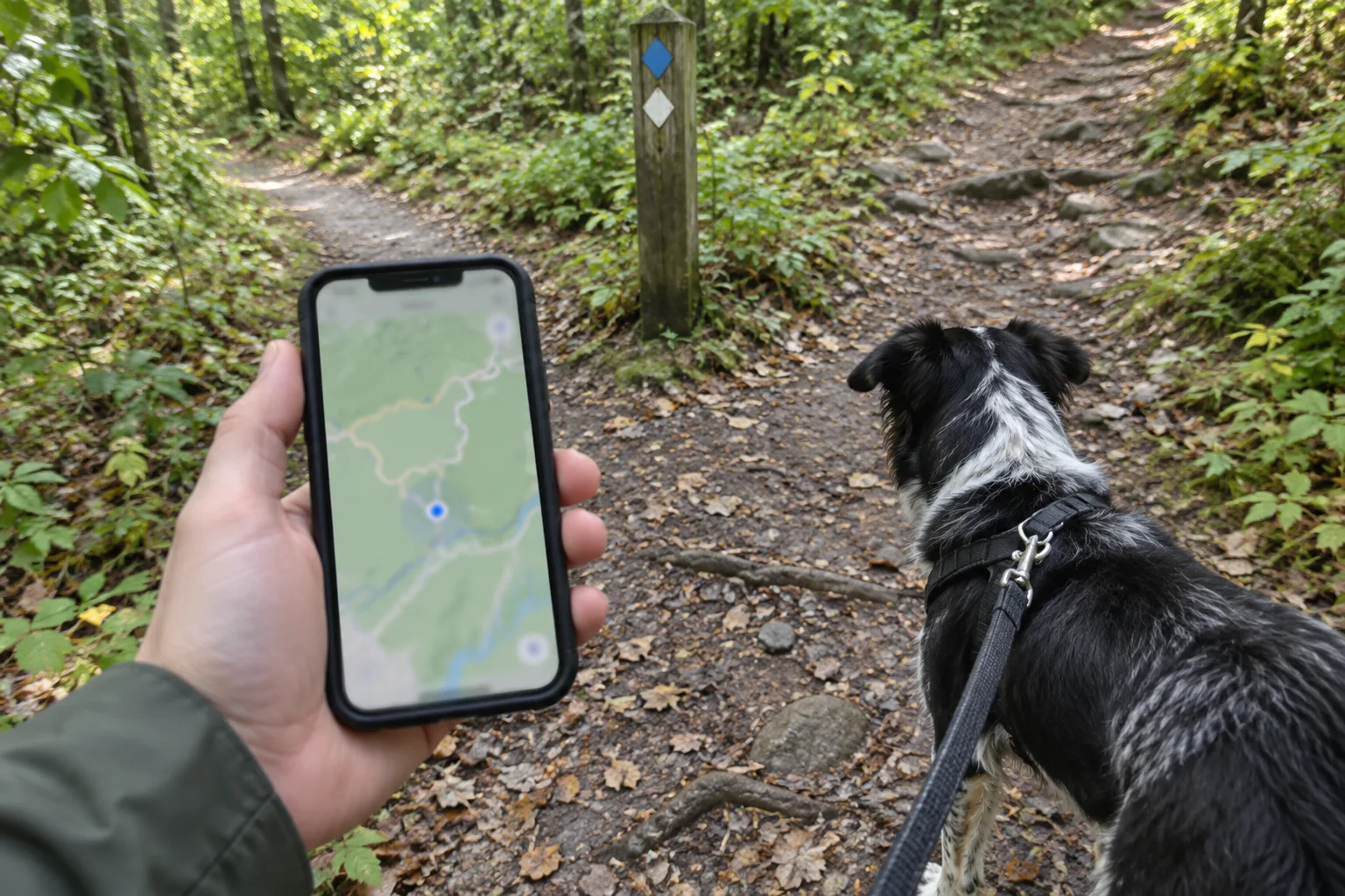 À un croisement de sentiers, une personne consulte son téléphone près de son chien tenu en laisse.