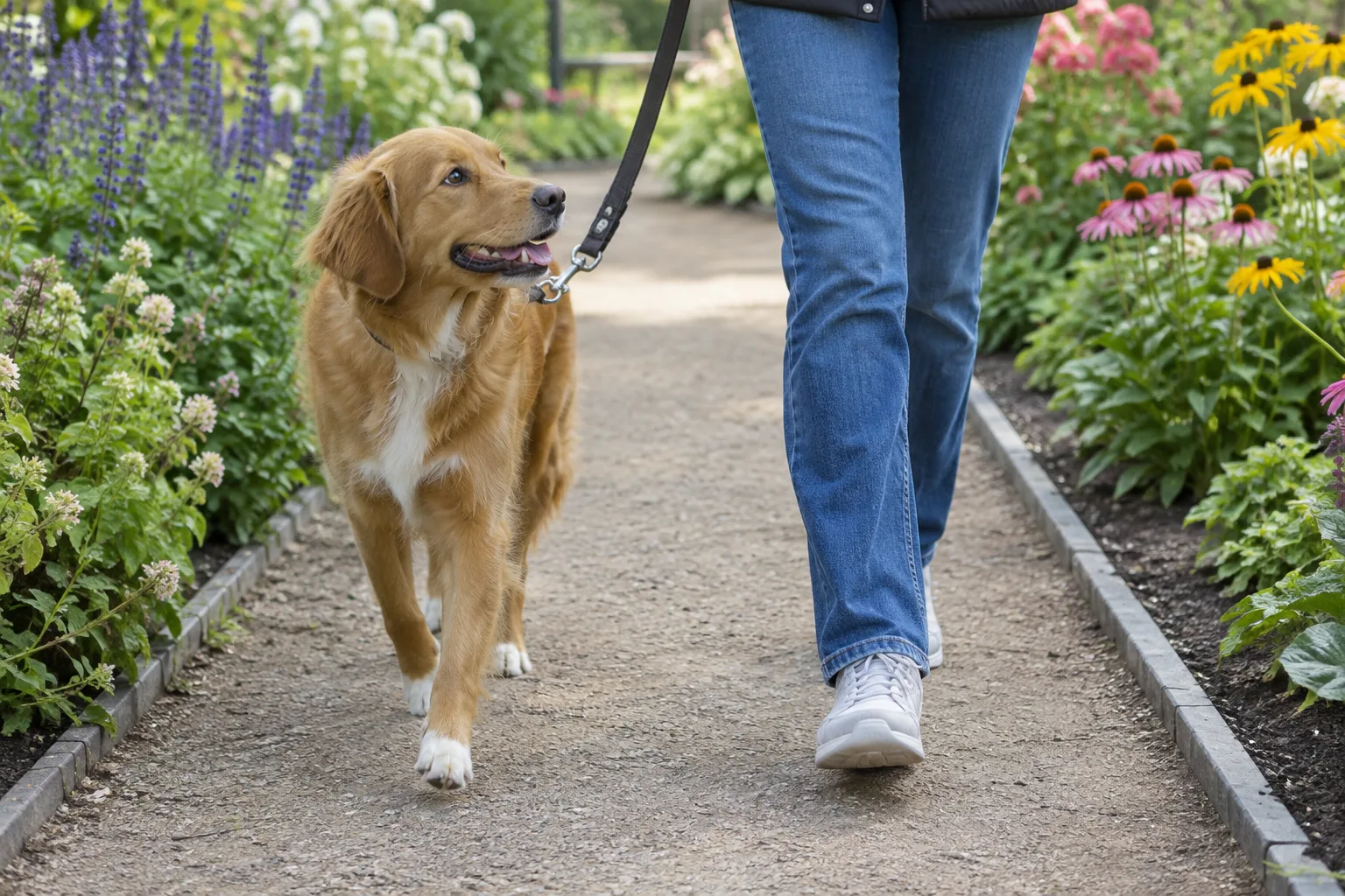 Un chien en laisse marche avec son accompagnant sur une allée bordée de massifs.