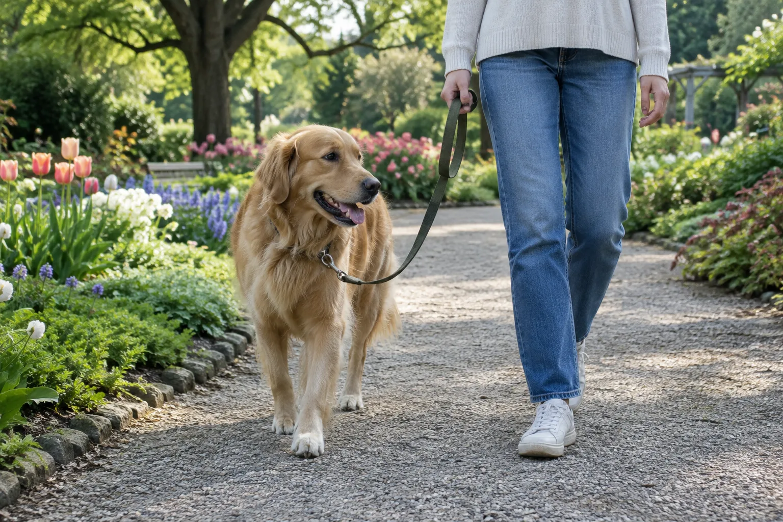 Un chien tenu en laisse avance sur une allée bordée de plantations dans un jardin botanique.