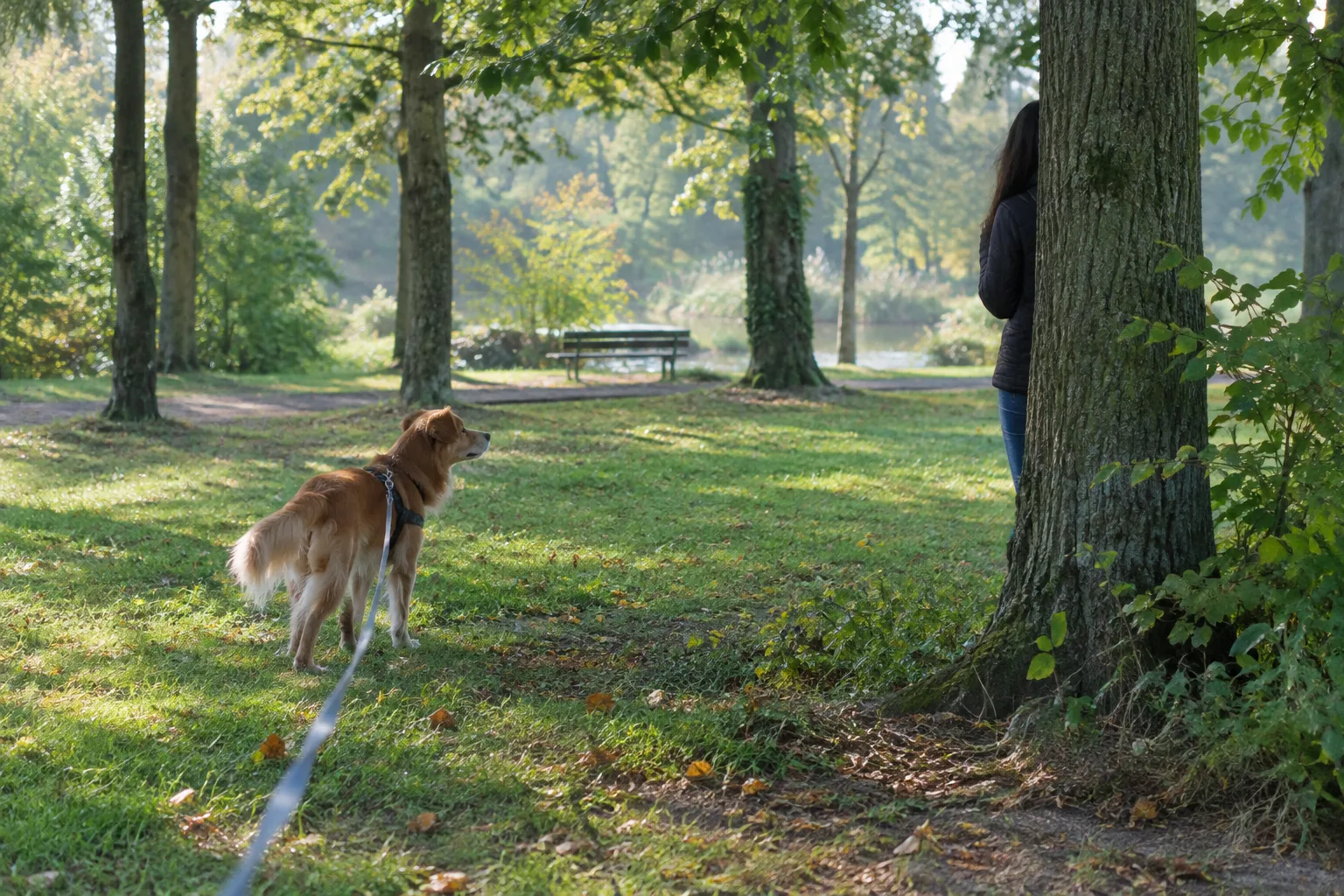 Un chien en longe cherche son propriétaire près d’un arbre dans un parc.