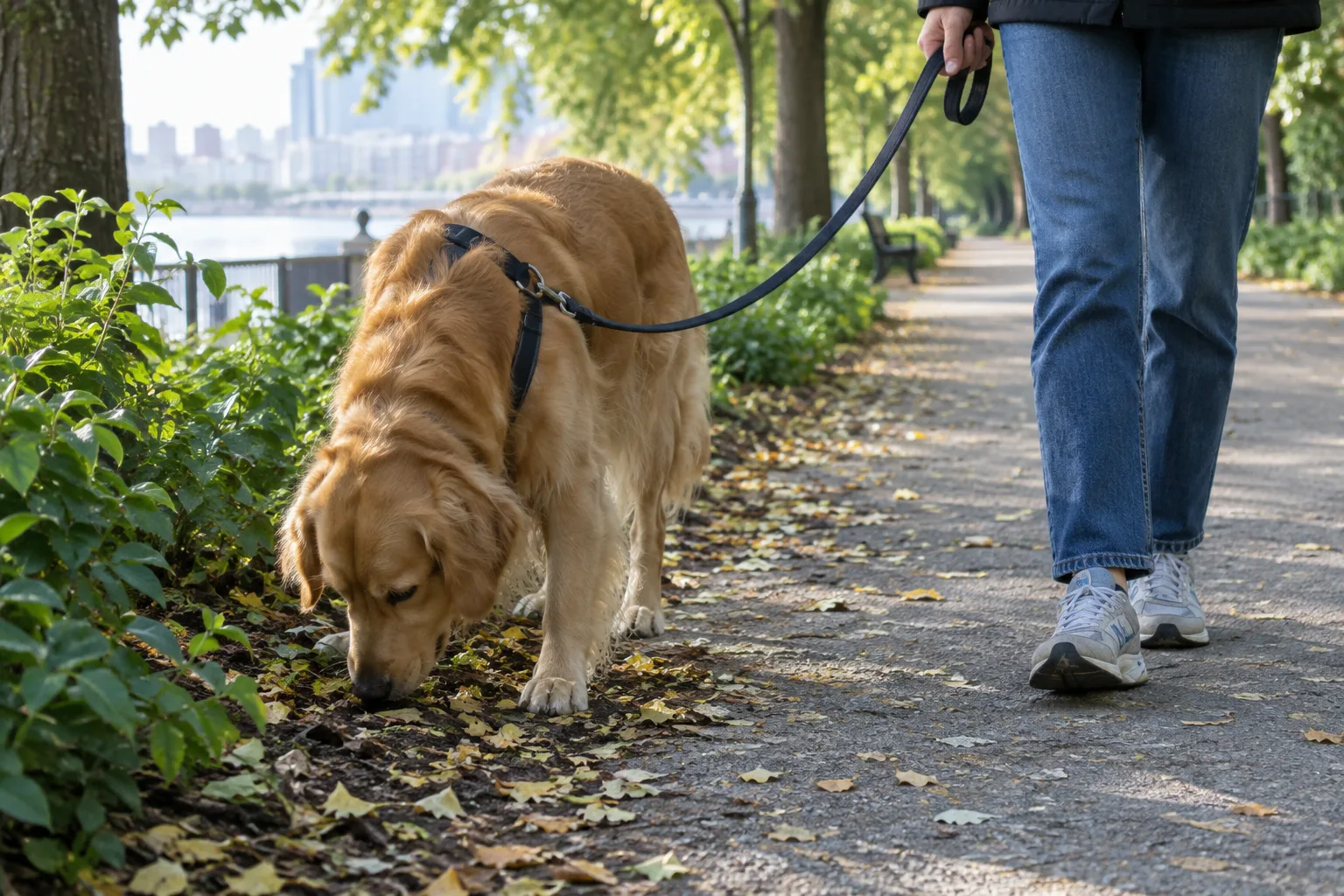Un chien en laisse renifle le bord d’un chemin arboré pendant une promenade.