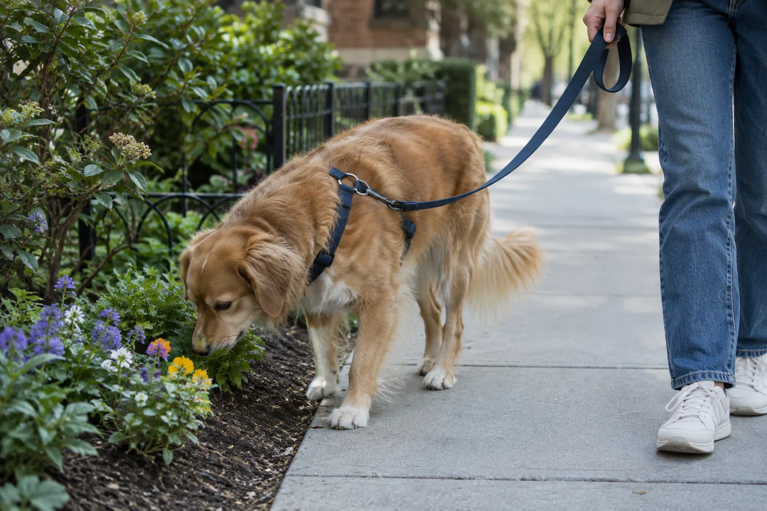 Un chien en laisse renifle près d’un massif au bord d’un chemin urbain.